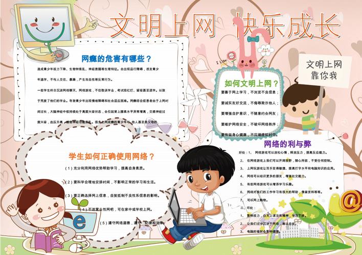 网络安全手抄报电子版文明上网安全知识校园学生涂色黑白电子小报11d